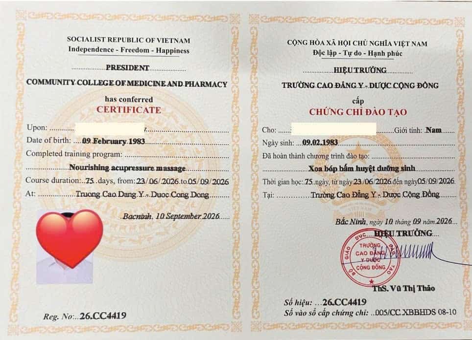 Ảnh chứng chỉ xoa bóp bấm huyệt